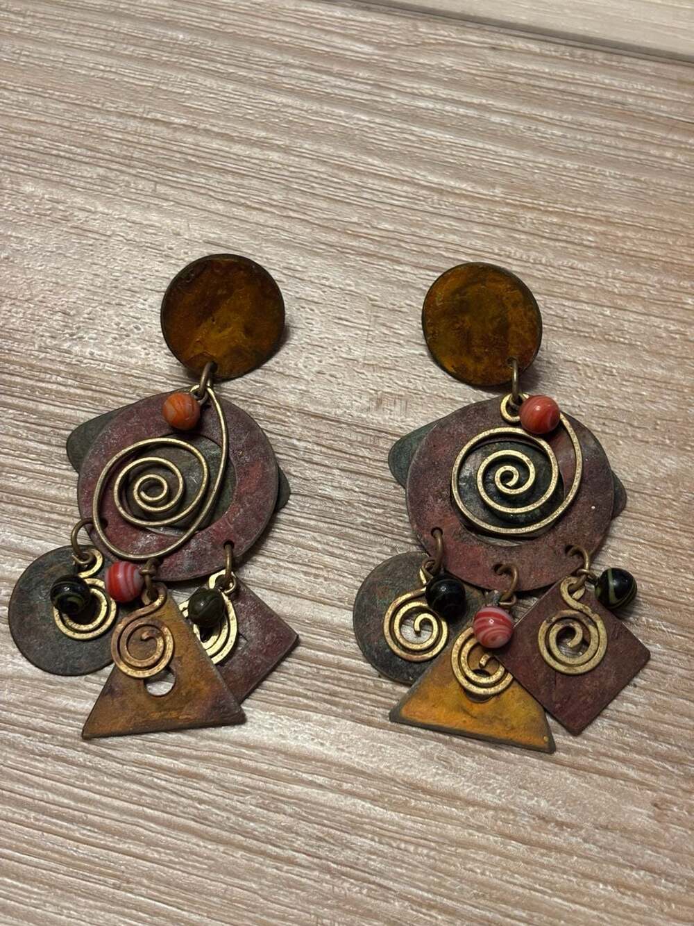 Vintage ancient Geometry Chandelier Dangle Earrings Spiral Triangle
